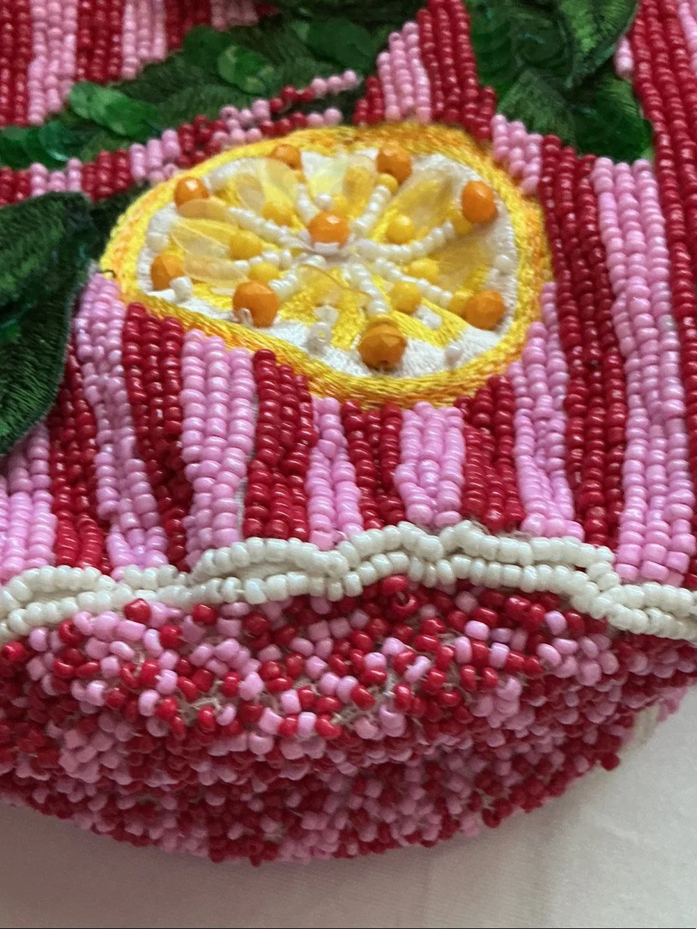 Pink and Red Striped Beaded Lemon Tote Bag - Picture 4 of 8